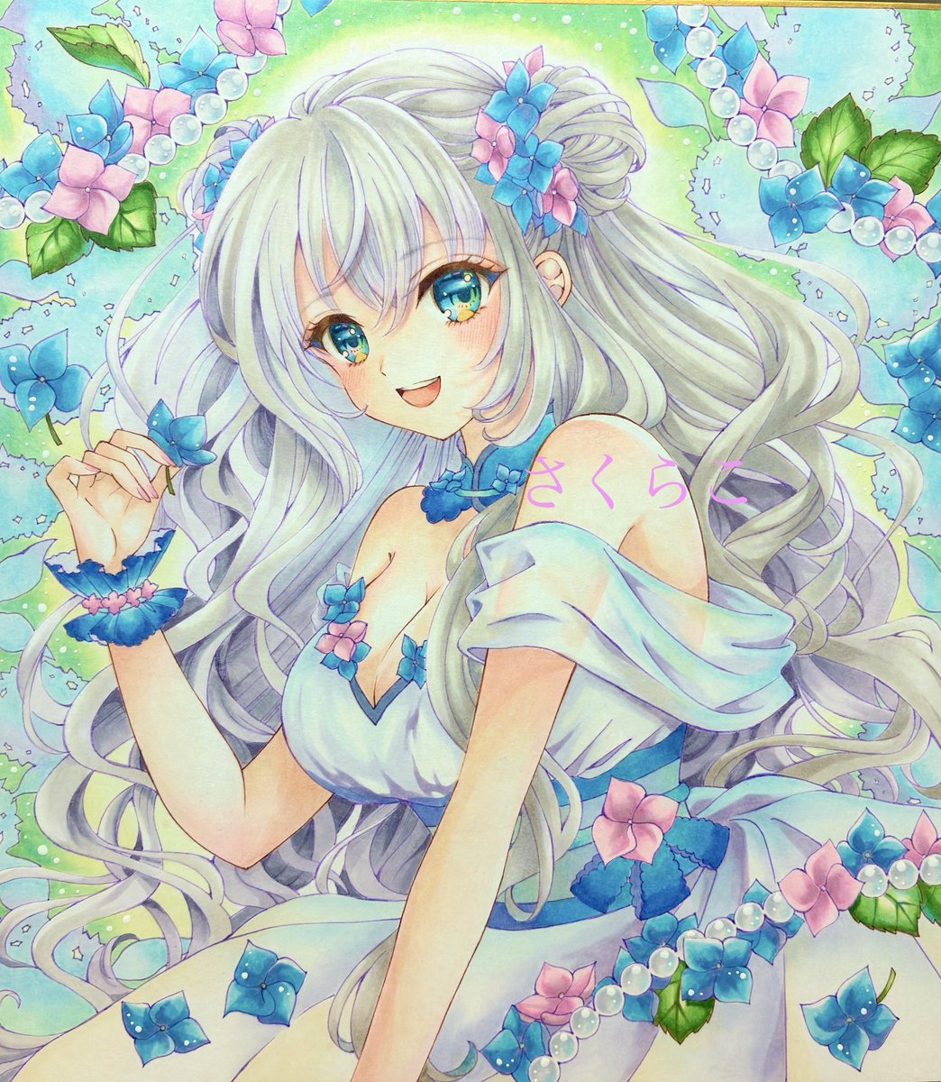ら*な様 手描きイラスト原画【紫陽花娘】 紫陽花と女の子🩷 ヤフオク出品しています😊 素敵なご縁がありますよう