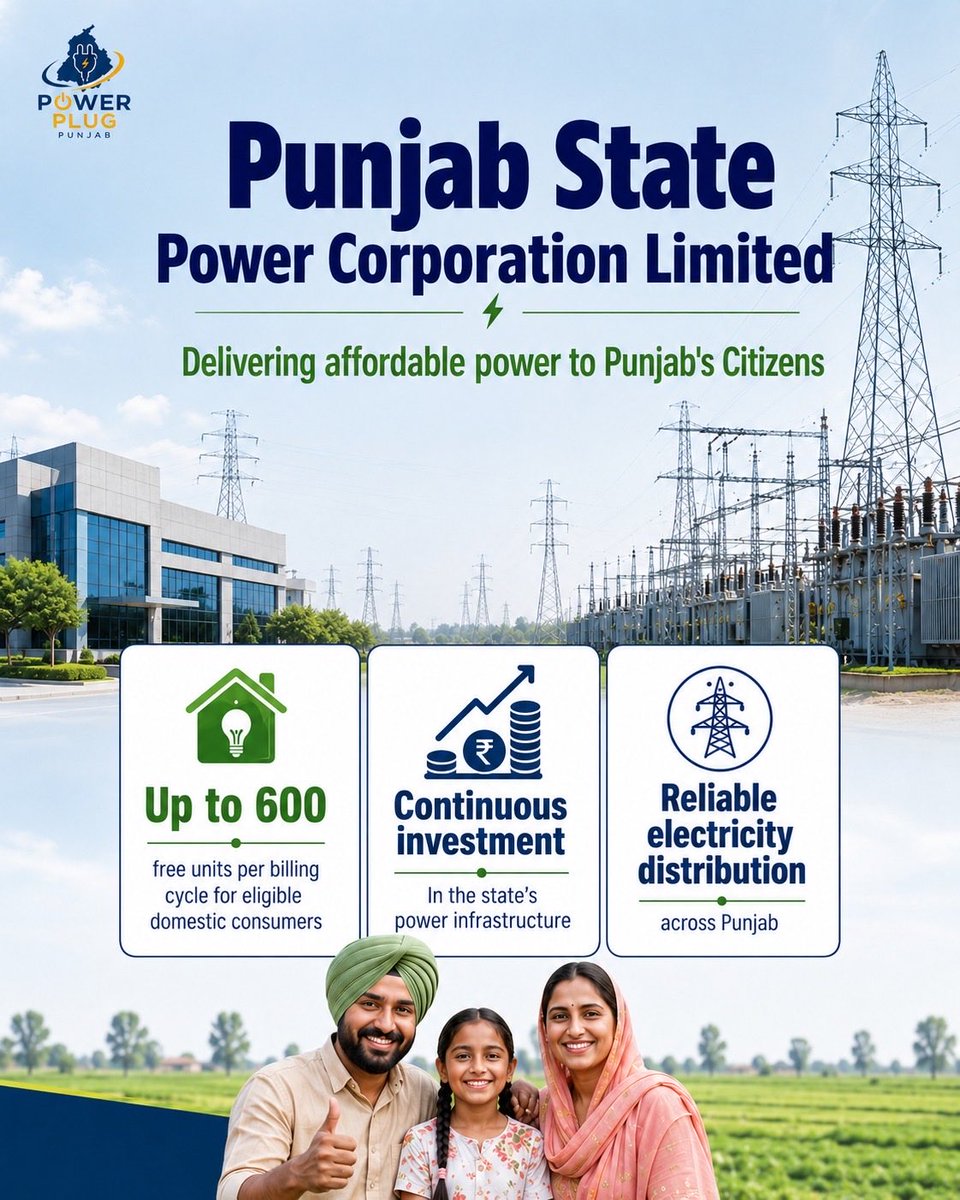 PowerPlugPunjab's tweet photo. Affordable electricity, reliable distribution and continuous infrastructure development PSPCL plays a vital role in powering homes and supporting Punjab's growth.

#PSPCL #PunjabPower #PowerInfrastructure #EnergyForPunjab #PowerPlugPunjab https://t.co/RBeyzmKPnS