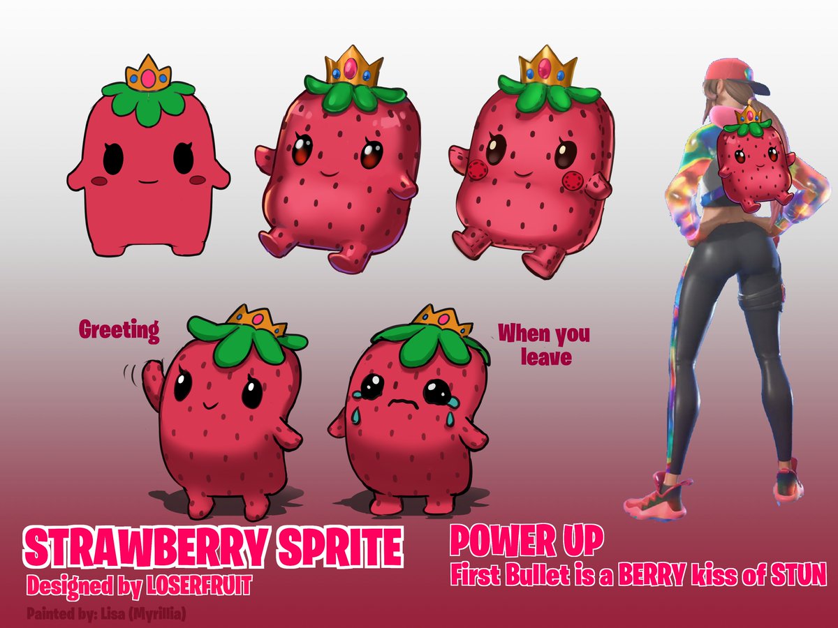Loserfruit's tweet photo. my submissions for @Fortnite #designasprite

1) HAD to do a Strawberry Sprite
2) I was mocking up more concepts and just had to submit the two headed Married Sprite

shoutout to @Myrillia for the beautiful art (if you wanna see my original art wait for the video 😂) https://t.co/pqUocPBqHp