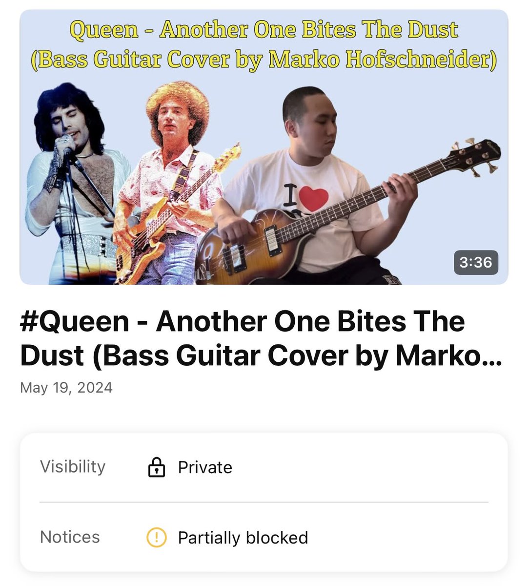 MarkoHofs's tweet photo. My bass guitar cover of the song “Another One Bites The Dust” by the band @QueenWillRock, was blocked in some countries on @YouTube. I hope @QueenWillRock and @DrBrianMay will tell @YouTube to unblock it. #youtube #queen #anotheronebitesthedust https://t.co/NjTJZasaW7