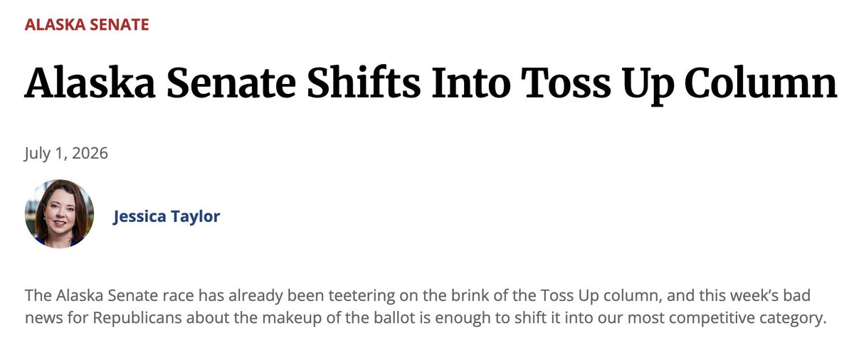 EricMGarcia's tweet photo. 🚨🚨🚨🚨 Big News for #AKSen: @JessicaTaylor and @CookPolitical move Alaska's Senate race between Dan Sullivan and Mary Peltola from "Lean Republican" to "Toss-up" https://t.co/hHn0lEdNRx
