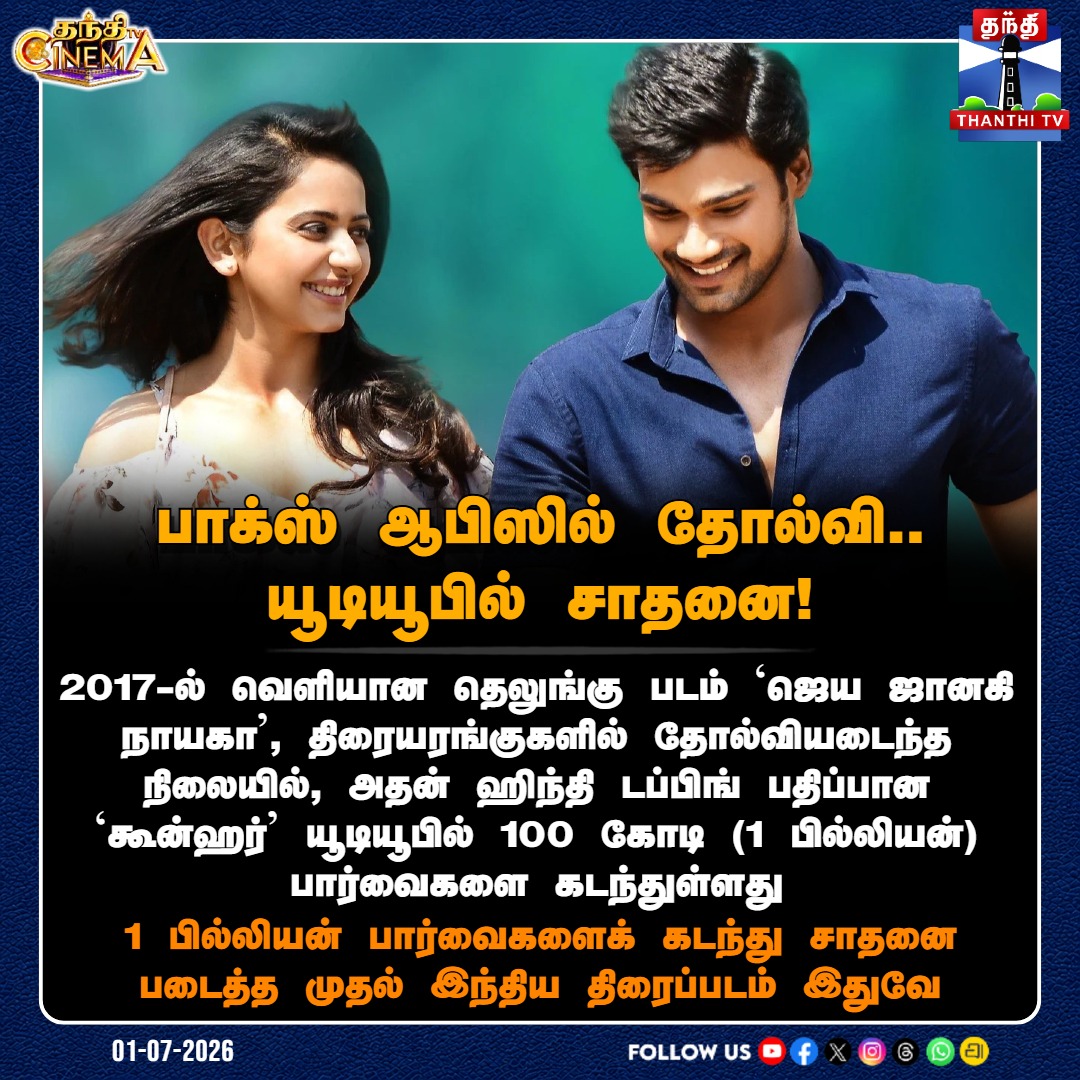 ThanthiTV's tweet photo. பாக்ஸ் ஆபிஸில் தோல்வி.. யூடியூபில் சாதனை!

#JayaJanakiNayaka #Khoonhar #BellamkondaSreenivas #RakulPreetSingh #HindiDubbed #1BillionViews #YouTubeRecord #Tollywood #ThanthiTVCinema #ThanthiTV https://t.co/wYAWiqJI4k