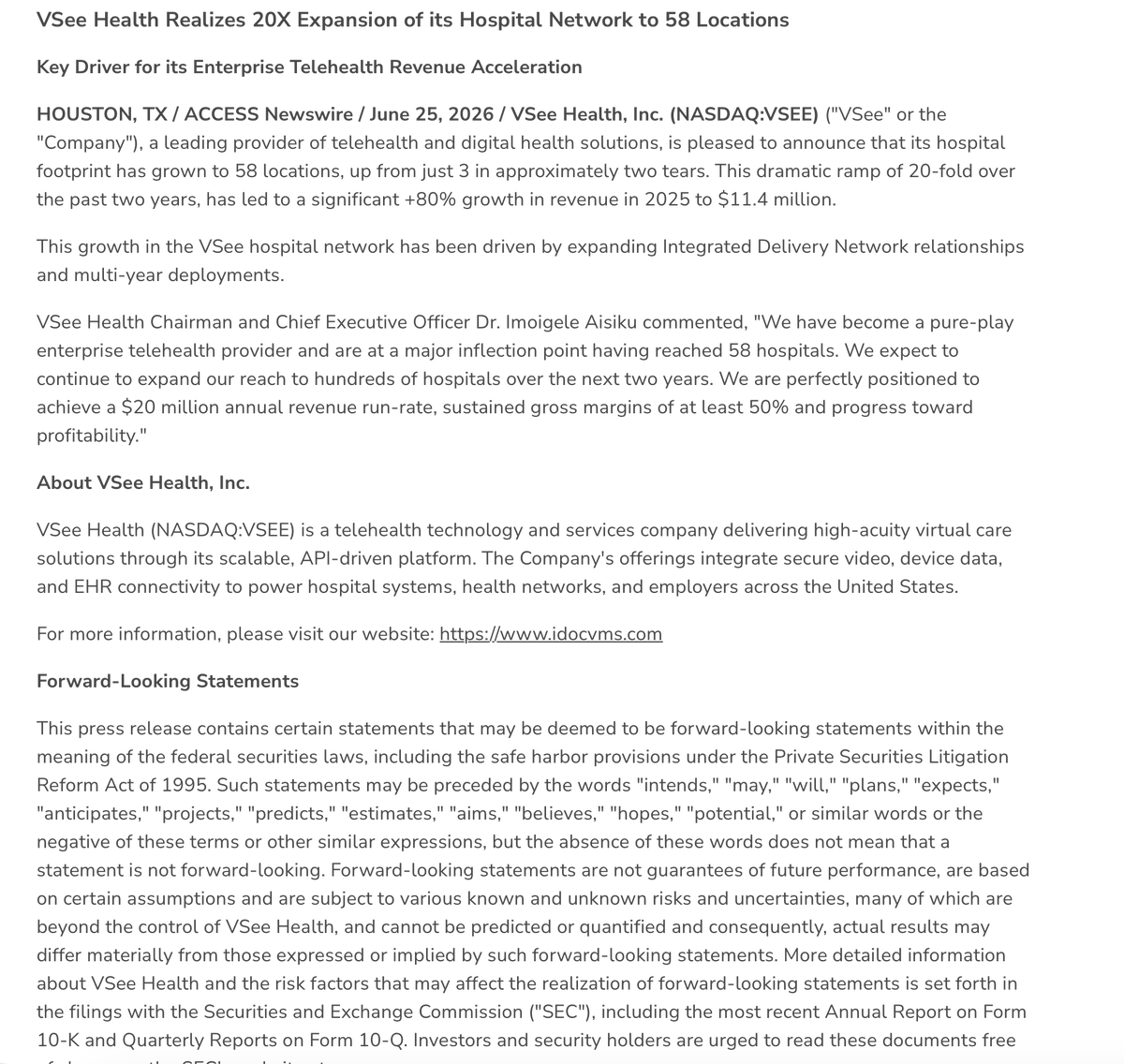 socialstartnow1's tweet photo. $VSEE Realizes 20X Expansion of its Hospital Network to 58 Locations https://t.co/g8BxYat95n #spaceX #newtothestreet #NASDAQ #otc #AI #wsj #nytimes #business #reuters #forbes #yahoofinance #cnn #bet #foxnews #latimes #MSN #usatoday #barronsonline #ESPN #WGN #Apple #ir #pr #Newswire #TSLA #NOW #gold #silver #news #Energy #rollingstones #marketing @socialstartnow1 #taxes #health #healthcare
