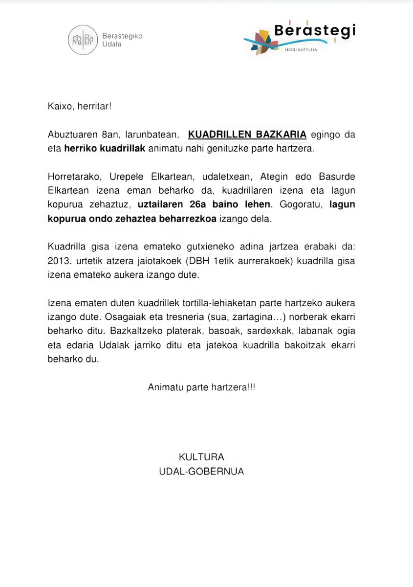berastegiko's tweet photo. 📢 Herri-afarira eta kuadrillen bazkarira joateko izen-emateak zabalik daude.

📅 Izen-ematea Urepele, udaletxean, Ategin eta Basurde Elkartean egin daiteke.

✍ Epea: uztailaren 26a baino lehen. https://t.co/WJsU3i3Rex