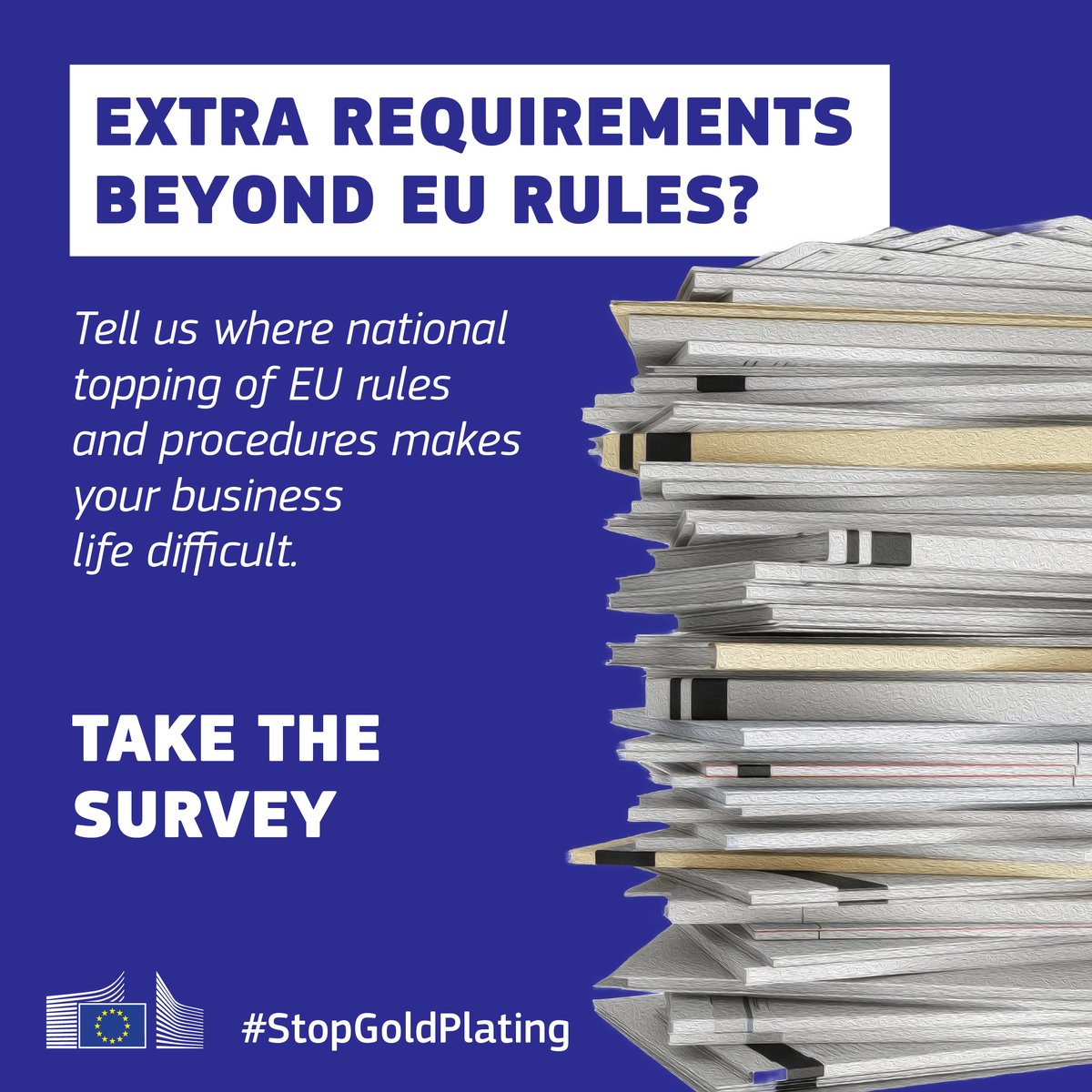 EU_Growth's tweet photo. Selling across the EU shouldn't mean extra paperwork and requirements that go beyond EU rules. 

Reply to our survey by 15 Sept and tell us where national topping up of EU rules and procedures makes your life difficult.

▶️https://t.co/FAE4iQTCmJ

#StopGoldPlating https://t.co/QNb9QtBjvI