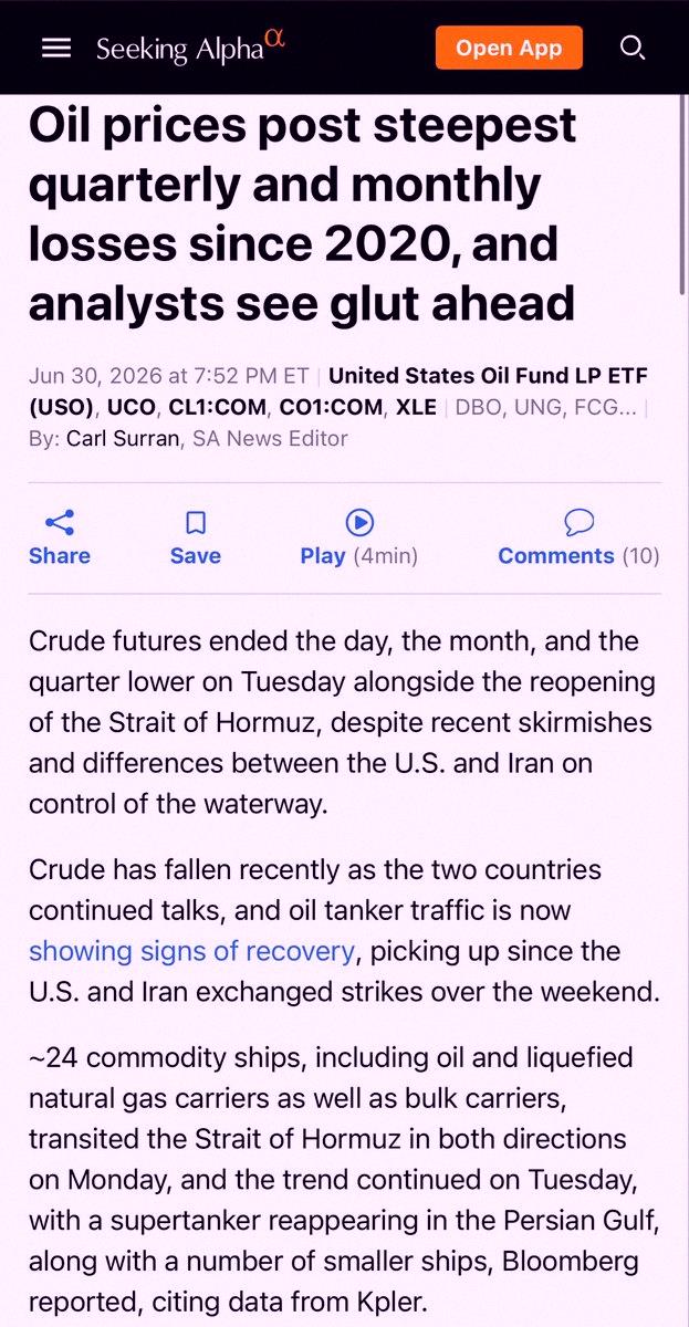 JonasV97's tweet photo. Oil just had its worst quarter since the 2020 Covid crash, and it happened during a war.

A Middle East war shut the Strait of Hormuz. Textbooks say oil should spike.

It did the opposite. Here's why:

NYMEX crude fell 31.4% in Q2 to $69.50. Brent dropped 38.4% to $72.92. https://t.co/OPyH9ucG4s