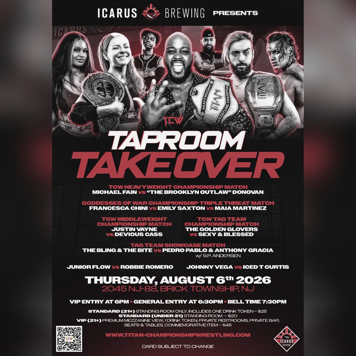 CharlieDeLutri's tweet photo. TCW Taproom Takeover at Icarus Brewing, Thursday, August 6th - Icarus Brewing Co. (2045 NJ-88, Brick Township, NJ)
Get tickets and VIP packages NOW!
#njevents #njbrewery #njbeer #bricknj #icarusbrewing #njevents #beer #beerlovers #taproom #wrestling #jerseyshore #oceancounty https://t.co/1p9ZwxVWqw