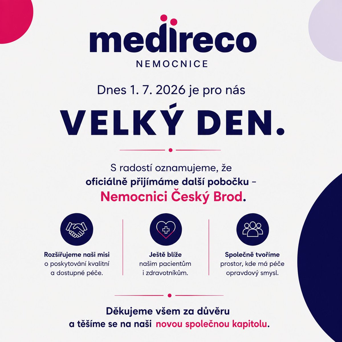 Medireconem's tweet photo. S radostí oznamujeme, že dnešním dnem oficiálně přijímáme další pobočku a to Nemocnici Český Brod. Rozsah a kvalita poskytovaných služeb nebudou sloučením nijak dotčeny, naopak tím vzniknou podmínky pro jejich rozvoj. Děkujeme všem za podporu a těšíme se na novou kapitolu. https://t.co/pPDgImqil8