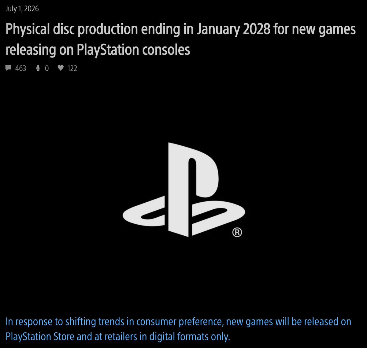 StockMKTNewz's tweet photo. Sony owned Playstation said it will no longer be making physical disc compies of games starting in January 2028 $SONY https://t.co/RvcQvsl9HL