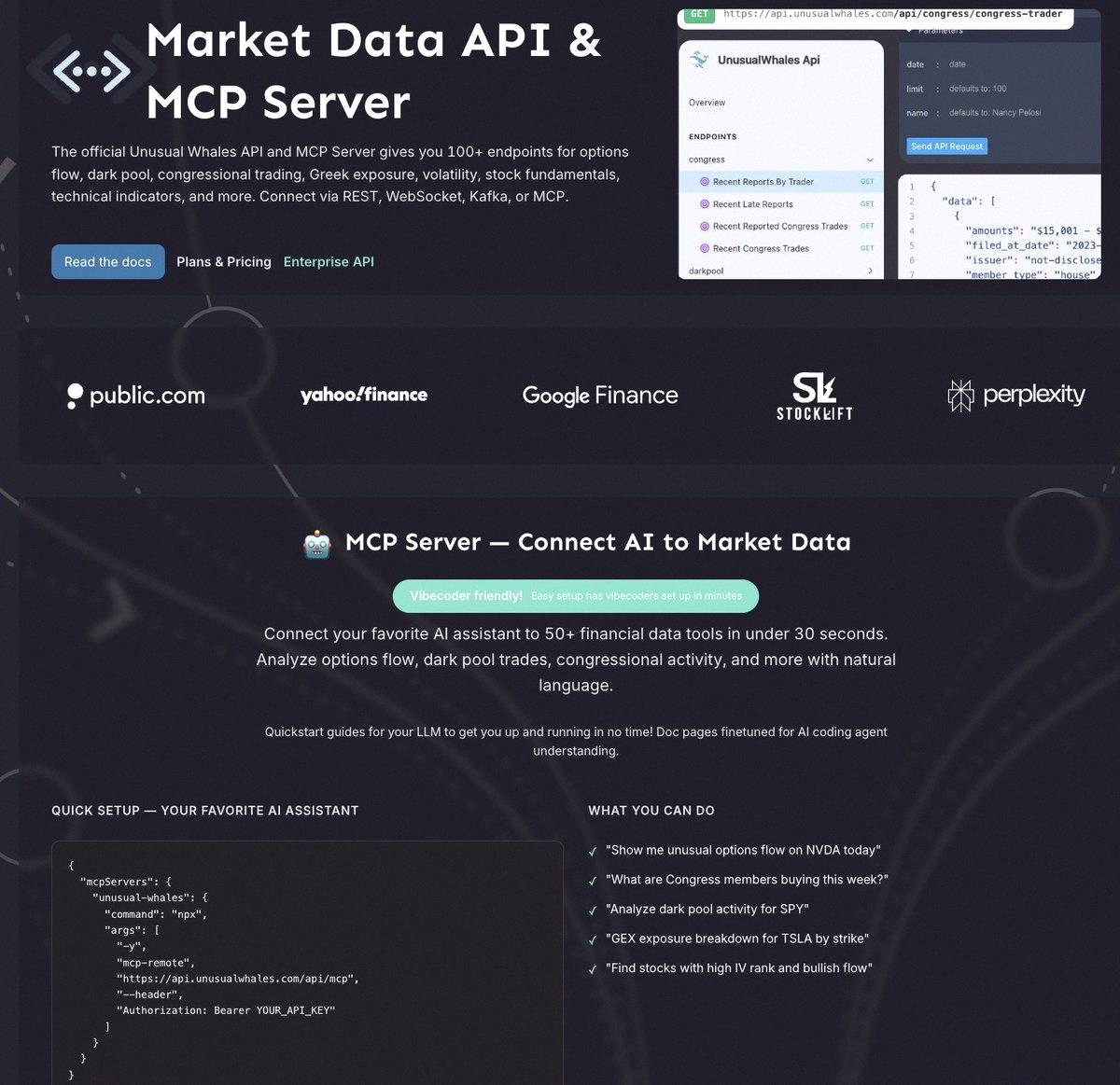 CharlieP816's tweet photo. Just dropped a free trial for the Unusual Whales API 🚀

Get live options, stocks, and prediction market data. Hook it up to your AI for trading bots, smart money dashboards, or custom screeners with real-time options flow and dark pools.

Jump in: https://t.co/BKa80kPwMa https://t.co/PI3zV7mGIb