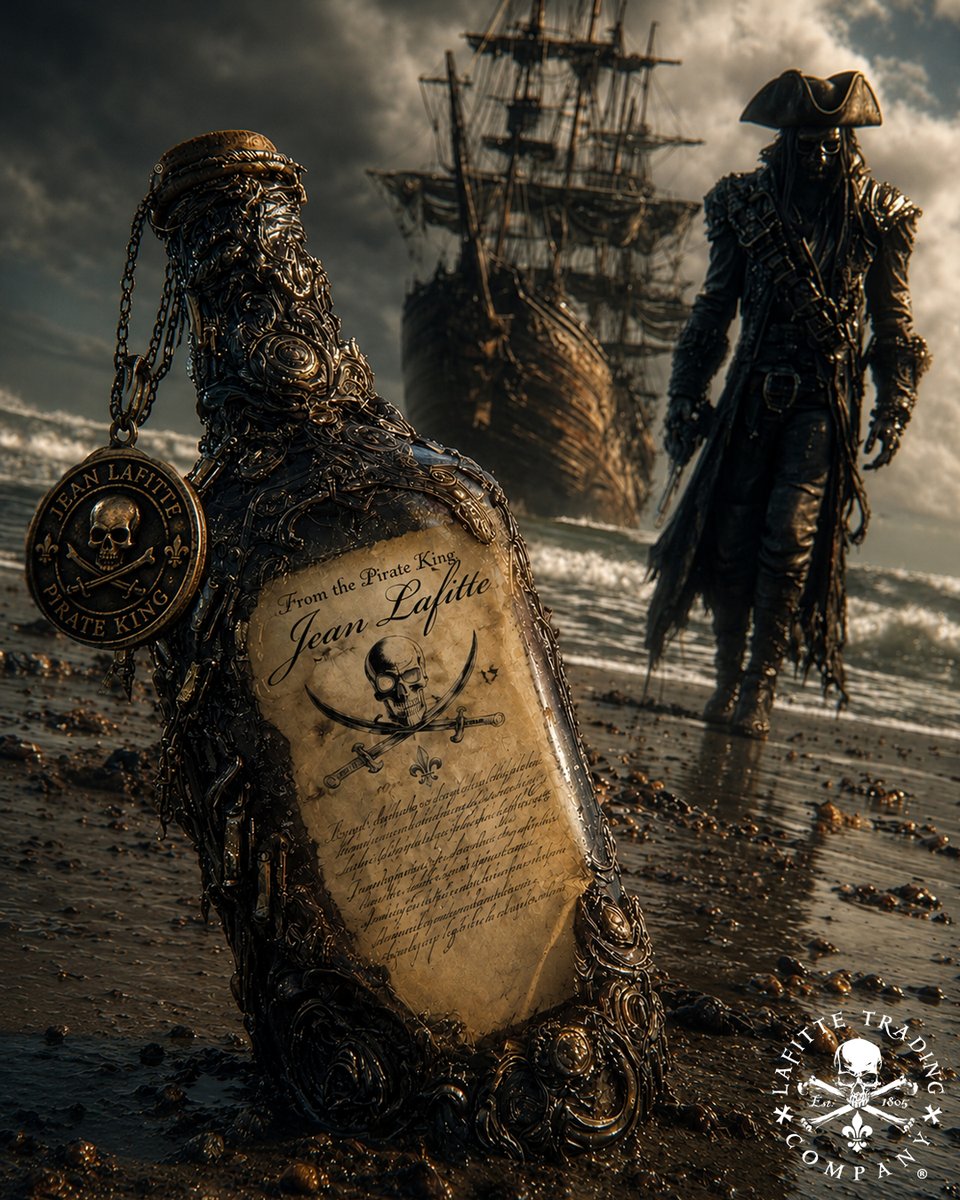LafitteTrading's tweet photo. PIRATE UP! Every pirate has a story... but only one became a legend. Imagine finding this bottle on Grand Isle after a storm. Would you open it... or leave history buried beneath the waves? ~Jean Lafitte #jeanlafitte #PirateKing #lafittetradingcompany #piratekingcoffee #frenchquarter