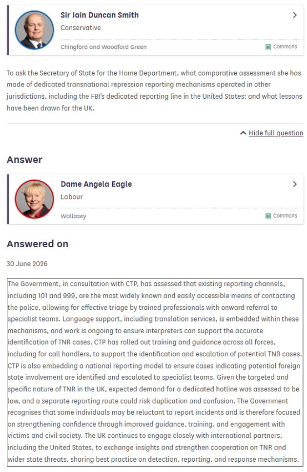 thecfhk's tweet photo. Conservative MP @MPIainDS asked Security Minister @angelaeagle six detailed questions on #TransnationalRepression — including how many Hong Kongers have reported cases to 101, the U.K.’s existing non-emergency 101 line; whether the U.K. will establish a dedicated #TNR hotline like the U.S. and Canada; and the evidence behind the @ukhomeoffice's position.
Parliament got boilerplate instead of answers.⬇️⬇️⬇️
If ministers won't properly answer Parliament, why should victims have confidence they'll be protected?
https://t.co/Fu5Bzgil6c