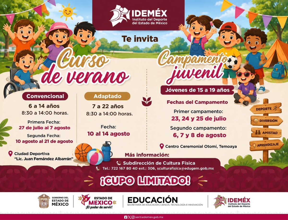 SeducEdoMex's tweet photo. 💥No se pueden perder de unas vacaciones llenas de diversión, deporte, amistad y aprendizaje.👇🏻 

👧🏻👦🏻 Inscríbelos al Curso de Verano y el Campamento Juvenil del @IDEMEX.🏕️

⚠️Cupo limitado.
📞722 167 80 40 Ext.: 306
📩sculturafisica@edugem.gob.mx
#ElPoderDelDeporte https://t.co/Ax774BkMN2