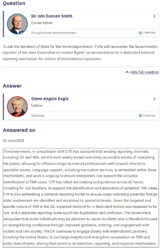 thecfhk's tweet photo. Conservative MP @MPIainDS asked Security Minister @angelaeagle six detailed questions on #TransnationalRepression — including how many Hong Kongers have reported cases to 101, the U.K.’s existing non-emergency 101 line; whether the U.K. will establish a dedicated #TNR hotline like the U.S. and Canada; and the evidence behind the @ukhomeoffice's position.
Parliament got boilerplate instead of answers.⬇️⬇️⬇️
If ministers won't properly answer Parliament, why should victims have confidence they'll be protected?
https://t.co/Fu5Bzgil6c