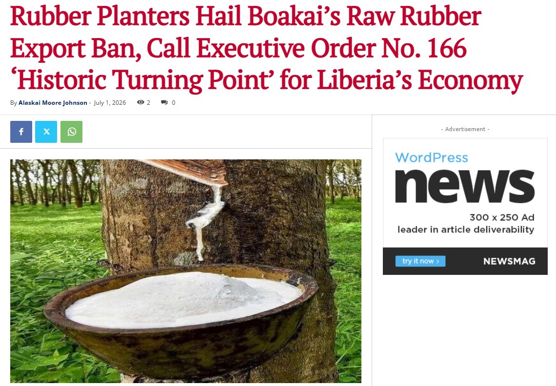 LiberianPost's tweet photo. #RPAL welcomes President Boakai's Executive Order banning raw rubber exports, calling it a historic turning point for Liberia's economy. #RubberPlantersAssociationofLiberia
Read more: https://t.co/S9c4RycOMQ @upjit_jeety @cmb2217 @natural_rubber https://t.co/f9kPPIh1Se