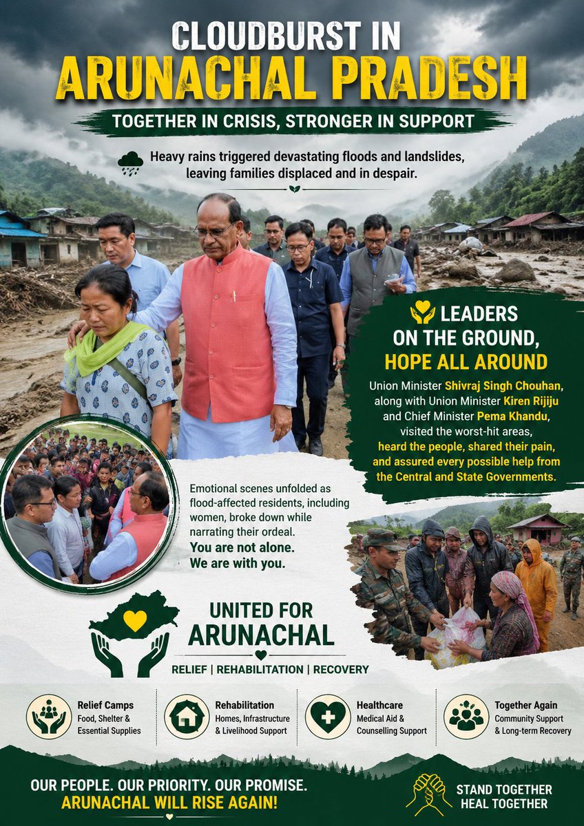 juni395819's tweet photo. In times of crisis, compassion matters most. Leaders, rescue teams, and local communities are working together to support flood-affected families across Arunachal Pradesh. 🇮🇳❤
#Arunachal #ReliefWork #Floods #TogetherForRelief https://t.co/0RjJAOlAen