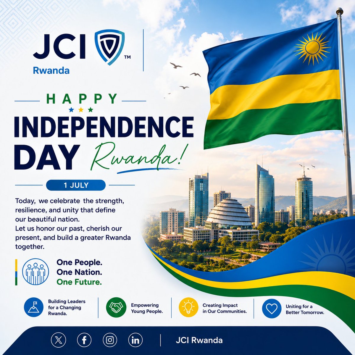 jcirwanda's tweet photo. 🇷🇼 Happy Independence Day, Rwanda!

Today we celebrate our nation's resilience, unity, and progress. Together, let's continue building a future of opportunity, innovation, and positive impact.

JCI Rwanda remains committed to developing young leaders for a better tomorrow. https://t.co/OjSyyFGCky