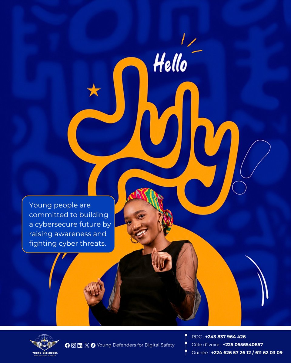 youngdefenders1's tweet photo. 🌟 Hello, July! 🌟

A new month brings new opportunities to make the digital world safer for everyone.

At Young Defenders for Digital Safety, we believe young people are key to building a cybersecure future. Through awareness, education, and action, we can help prevent cyber threats and promote responsible digital behavior.

This July, let's continue empowering communities, sharing knowledge, and inspiring positive change—one safe click at a time.

Together, we are shaping a safer digital future.

#YoungDefenders #DigitalSafety #CyberSecurity #CyberAwareness