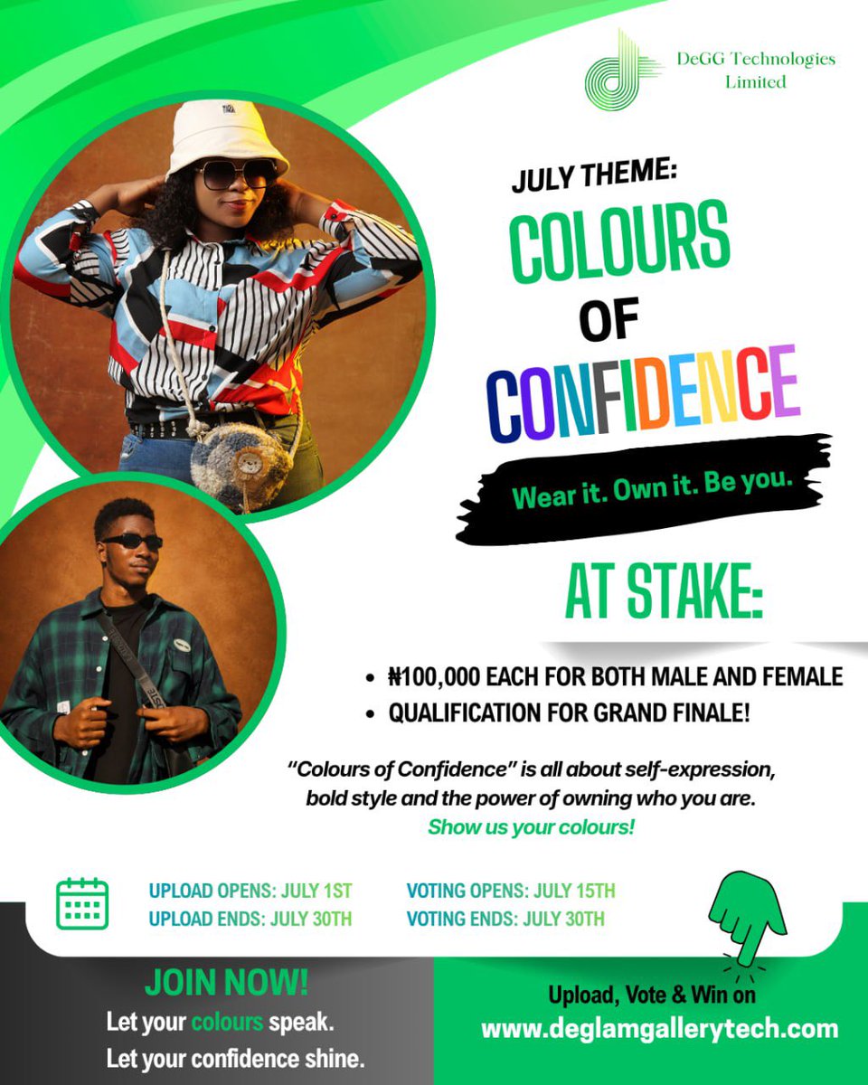 GlamGalleryApp's tweet photo. Confidence comes in every colour. Now it’s your turn to show yours!

The July DeGlamGallery Contest is officially here with the theme “Colours of Confidence.”✨

Express yourself through fashion, style, and personality for a chance to win:

🏆 ₦100,000 – Best Male Contestant
🏆 ₦100,000 – Best Female Contestant
⭐ Both winners qualify for the Grand Finale on December 16 at Oriental Hotel, Lagos.

📅 Upload Entries: Now – July 30
🗳️ Voting: July 15 – July 30

Wear it. Own it. Be you.

Upload your entry today at https://t.co/aeuIueyDjz and let your colours speak with confidence.

Read more: https://t.co/0a2Sv0X1AA