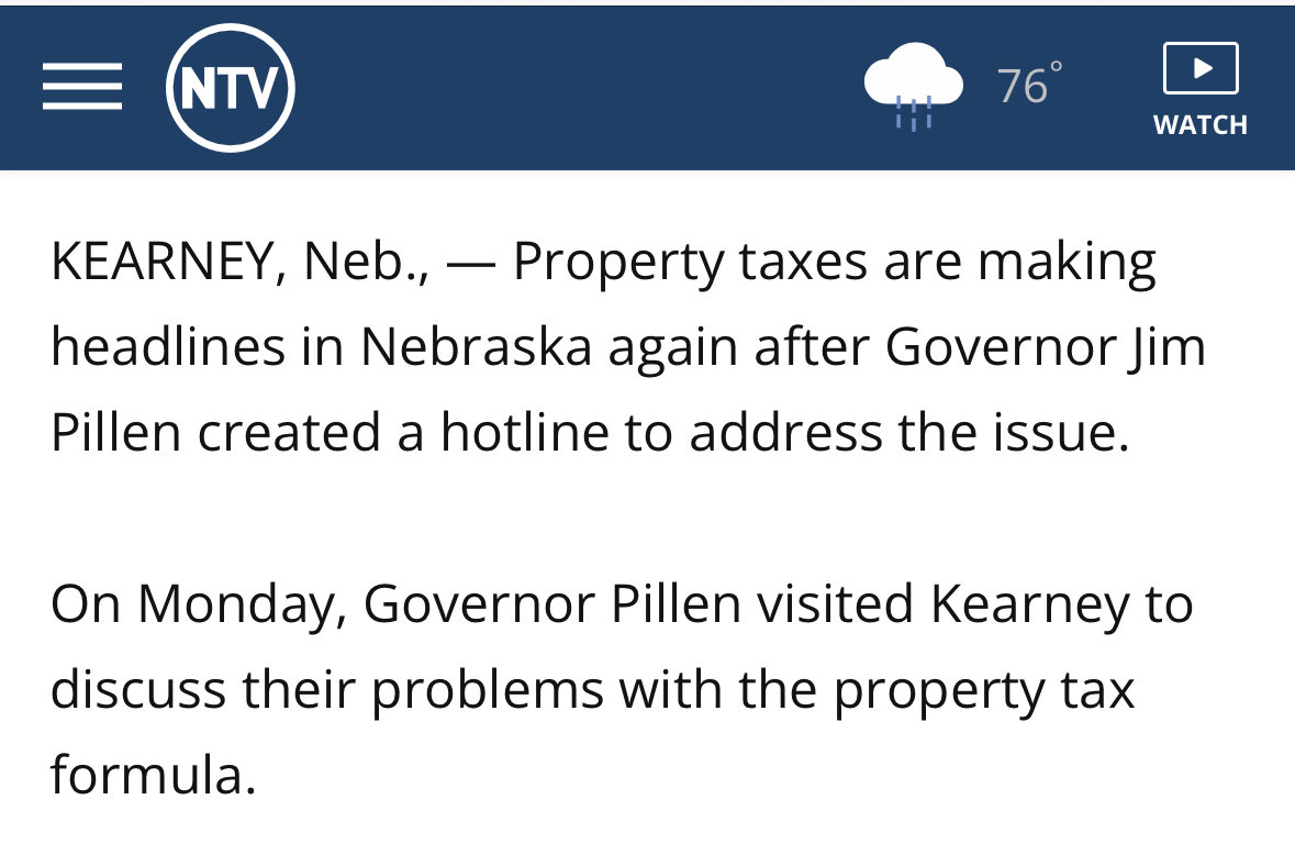 jim_pillen's tweet photo. Property taxes are out of whack in Nebraska — and a whole bunch of politicians and chunks of government aren’t moving fast enough to fix the issue. 

But I’m not one of them — and I won’t give up. 

I’m fighting every day to reform this system and lower the tax burden — to make life more affordable for our families, ag producers, and seniors. 

We’ve made progress, but we have to cap local spending — the main driver behind increasing property taxes — and we have to cap valuation growth. 

As I work to convince members of the Legislature that Nebraskans are facing a crisis, I’m hoping you’d be willing to share your story. 

You can by calling 402-471-9554 or visiting https://t.co/DFfGvFZBLB to help be part of the solution to finally end this property tax crisis.