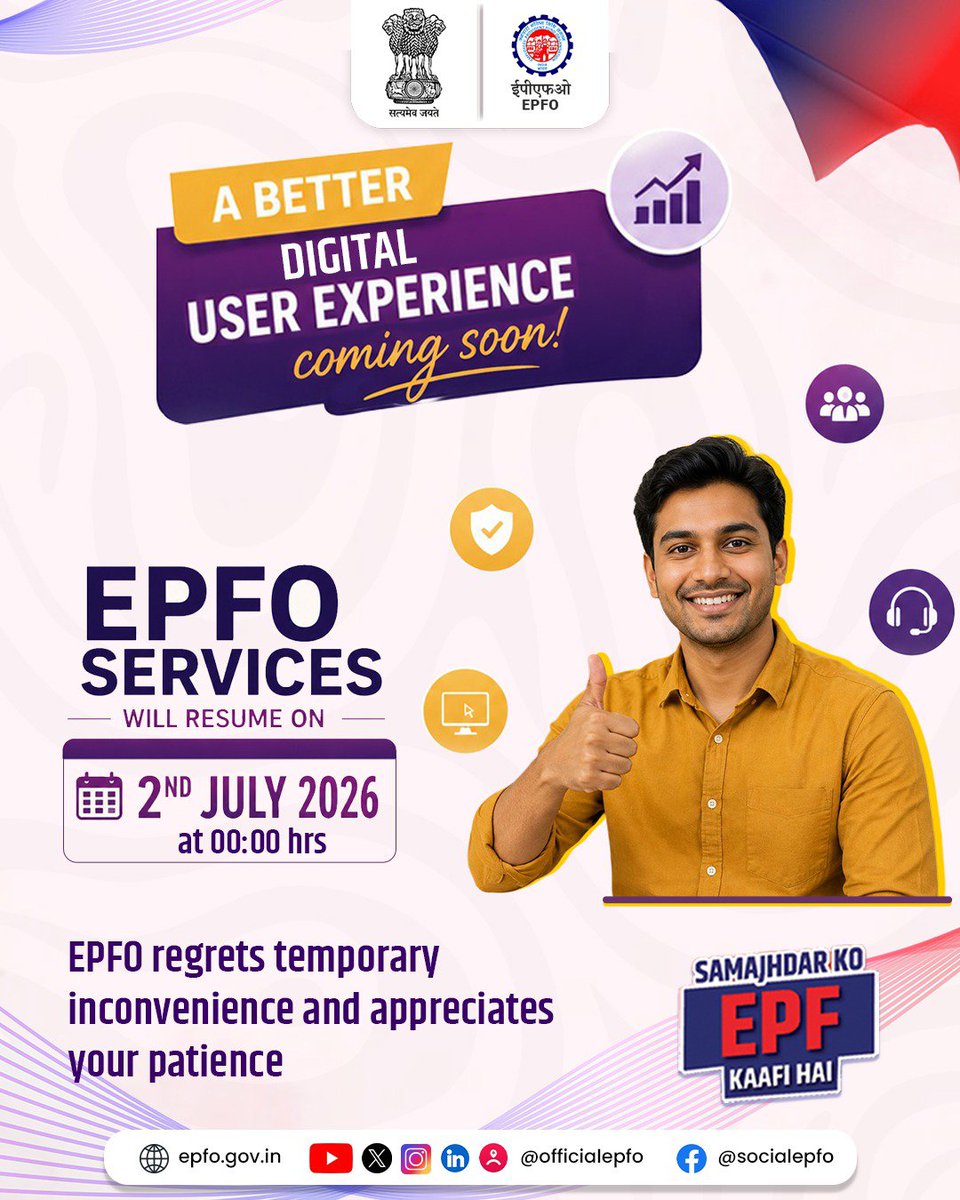 epfomadurai's tweet photo. A Better Digital Experience is Coming! 🚀

EPFO services will resume on 2nd July 2026 at 00:00 hrs.

Thank you for your patience, cooperation and understanding as we work to serve you better.

#EPFO #EPFOWithYou https://t.co/33eJi7OMqM