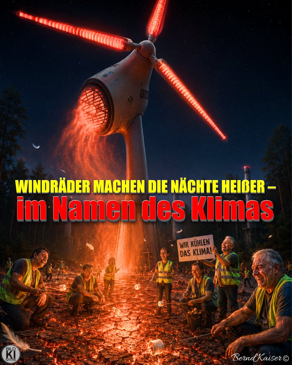 Bernd_Kaiser_BD's tweet photo. Nichts schreit so laut „Klimarettung“ wie gigantische Industrieanlagen, die unsere Nächte buchstäblich aufheizen.

Die Natur hat eigentlich ein brillantes System: Nach Sonnenuntergang kühlt der Boden ab, die Luft schichtet sich, Feuchtigkeit kann sich sammeln. Ein lebenswichtiger Kreislauf. 
Doch dann kommen die modernen Weltenretter und pflastern unsere Landschaften mit hunderte Meter hohen Stahl-Rotoren zu.

Die physikalische Realität, die in der grünen Blase konsequent ignoriert wird: 
Diese Anlagen wirken nachts wie gigantische Föhne. Sie zerschlagen die natürliche Abkühlung, saugen die wärmere Luft aus den oberen Schichten an und peitschen sie gnadenlos zurück auf den Boden. 
Das Resultat? Die Nächte werden messbar heißer. Die ohnehin gestressten Böden trocknen noch rasanter aus. Wir erschaffen künstliche Hitzeinseln mitten in der Provinz.

Aber der wahre Treppenwitz dieser Politik folgt erst noch: 
Wenn die Messstationen rund um diese Flatterstrom-Parks dann genau diese Erwärmung registrieren und die lokale Dürre zunimmt, wird sofort der nächste Alarm ausgerufen. 
Dann war es natürlich ausschließlich das böse CO2. Dass der subventionierte Windpark vor der Haustür selbst das Mikroklima ruiniert, die Landschaften verschandelt und ganz nebenbei Vögel schreddert, passt eben nicht ins fromme Narrativ der Klimaretter.

Wir betonieren intakte Wälder zu, trocknen unsere eigene Natur aus und heizen sie lokal auf – alles unter dem unantastbaren Deckmantel des „Klimaschutzes“. 
Man muss schon extrem viel ideologische Fantasie besitzen, um diese massive Naturzerstörung ernsthaft als grünes Wunder zu feiern.

Es geht längst nicht mehr um echten Naturschutz. 
Es geht um eine blinde Ideologie – und die Natur zahlt den Preis dafür.

#Windkraft #Klimaschutz