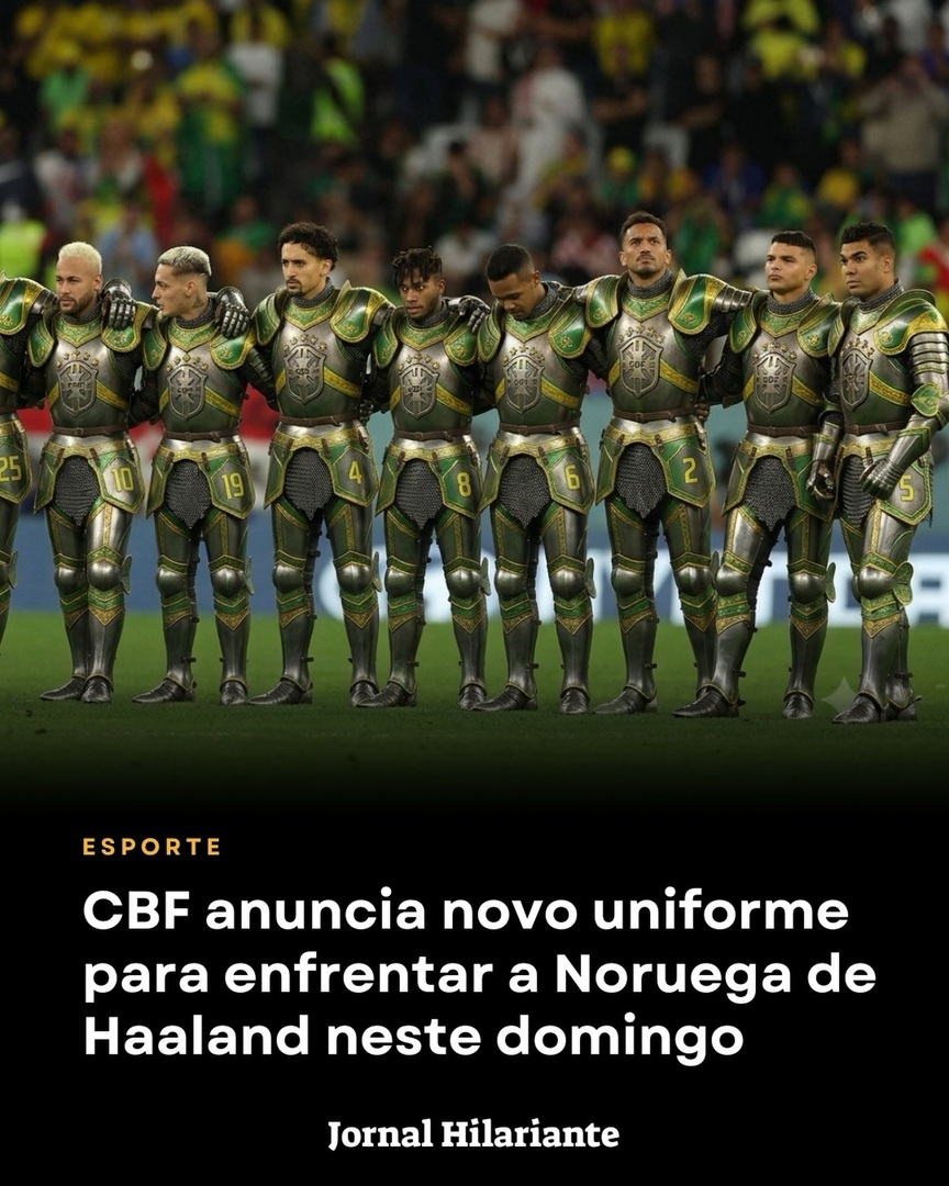 HilarianteNoX's tweet photo. #HUMOR | A CBF apresentou o novo uniforme que será utilizado pela Seleção Brasileira contra a Noruega de Erling Haaland: uma armadura medieval completa, testada e aprovada por cavaleiros do século XIII. A medida visa aumentar as chances de sobrevivência … https://t.co/u0OhpZdtXz https://t.co/qJ8xbrfFD3