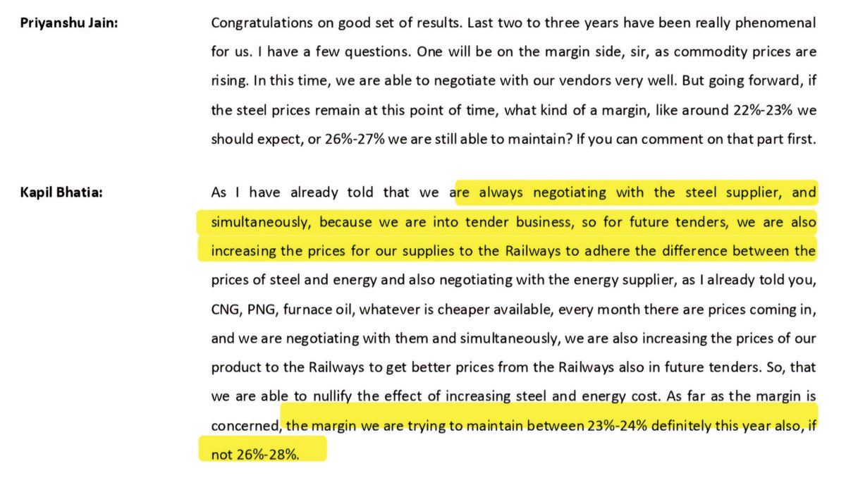 vishan_29's tweet photo. Frontier Springs - Management Commentary

🔶️ Growth Outlook

🗣 "If not 30%, we will definitely have 25% growth beyond FY27."

• Demand visibility remains strong across springs, forgings & air springs.

🔶️ Order Book Confidence

🗣 "I don't see any drought of orders for our components."
🗣 "No order problem for another 5-10 years minimum."

• Strong tailwinds from passenger coaches, wagons and freight corridor expansion.

🔶️ Margins

🗣 "Margin may go down by 1-2%, but we will try to maintain current levels."
🗣 "We are increasing prices in future tenders to nullify steel and energy cost increases."

• Conservative guidance of 23-24%, with management indicating potential to maintain 26-28%.

🔶️ Revenue Bottlenecks

• Revenue stuck at ₹80-83 Cr/quarter due to:
  >> Railway inspection delays
  >> Raw material delays
  >> Execution bottlenecks

🗣 "We are hoping to break this range in Q1."

👉 If Q1 turns out good, it would trigger rerating. 

🔴 Disclaimer: No recommendation. For educational purposes only.
