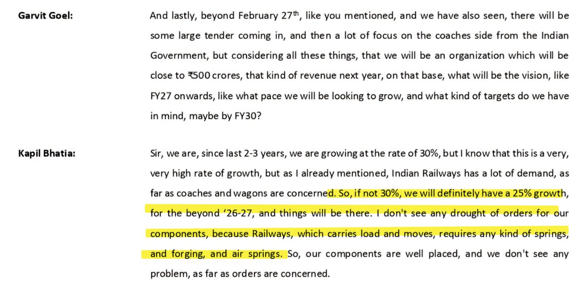 vishan_29's tweet photo. Frontier Springs - Management Commentary

🔶️ Growth Outlook

🗣 "If not 30%, we will definitely have 25% growth beyond FY27."

• Demand visibility remains strong across springs, forgings & air springs.

🔶️ Order Book Confidence

🗣 "I don't see any drought of orders for our components."
🗣 "No order problem for another 5-10 years minimum."

• Strong tailwinds from passenger coaches, wagons and freight corridor expansion.

🔶️ Margins

🗣 "Margin may go down by 1-2%, but we will try to maintain current levels."
🗣 "We are increasing prices in future tenders to nullify steel and energy cost increases."

• Conservative guidance of 23-24%, with management indicating potential to maintain 26-28%.

🔶️ Revenue Bottlenecks

• Revenue stuck at ₹80-83 Cr/quarter due to:
  >> Railway inspection delays
  >> Raw material delays
  >> Execution bottlenecks

🗣 "We are hoping to break this range in Q1."

👉 If Q1 turns out good, it would trigger rerating. 

🔴 Disclaimer: No recommendation. For educational purposes only.