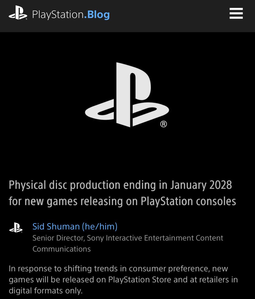 DisTrackers's tweet photo. PlayStation physical disc production ends for new games starting in January 2028. Only digital options then.
.
https://t.co/Bxf3JXGY5L
.
#PS5 #PlayStation #VideoGames https://t.co/ZEY4wBlkG4