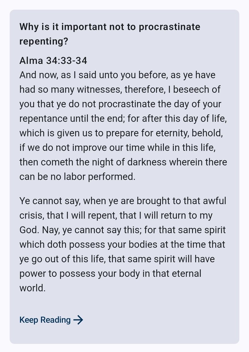 AdamNicholes's tweet photo. Why is it important to not procrastinate repenting? 
Alma 34:33-34
#bookofmormon
#VerseOfTheDay 
@Ch_JesusChrist https://t.co/gm4bnzx0Fs