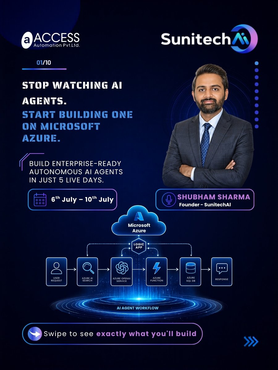 SunitechAI's tweet photo. Join our live Azure AI Agents Workshop, explore real-world workflows, and experience the first session with a FREE Day 1 Guest Pass.
Limited seats.
🔗 Register: https://t.co/cBhYG4qcHL

#AI #AzureAI #AIAgents #Automation #TechTrends https://t.co/LEPlmv0eHy