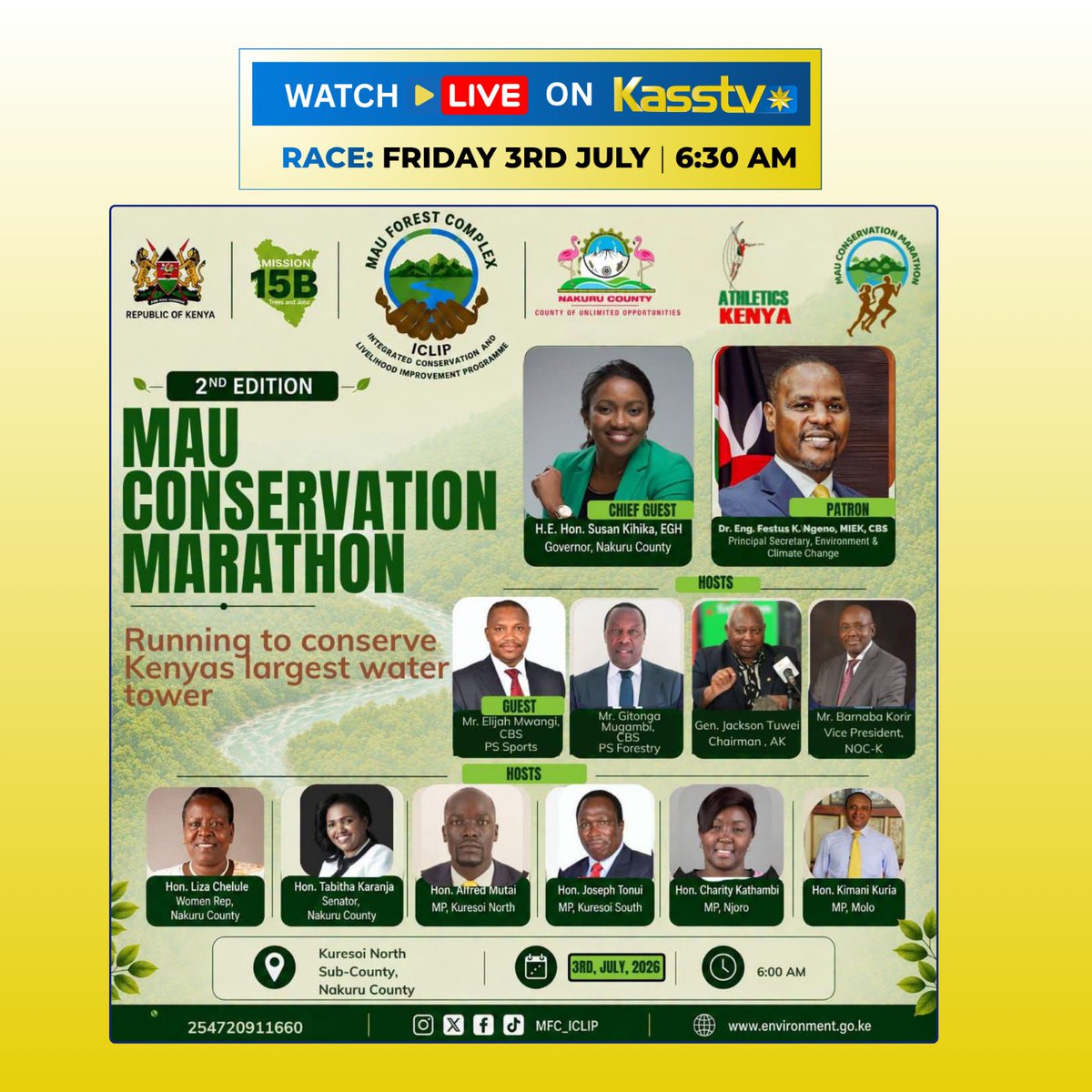 kass_fm's tweet photo. 𝐈𝐓'𝐒 𝐑𝐀𝐂𝐄 𝐃𝐀𝐘!

Today, we unite for the Mau Conservation Marathon, where every step counts towards protecting and restoring the Mau Forest.

Watch the marathon LIVE on Kass TV from 6:30 AM.

#MauConservationMarathon
#RunforMau
#KassDigital
#KassTV https://t.co/Zo35Caludb