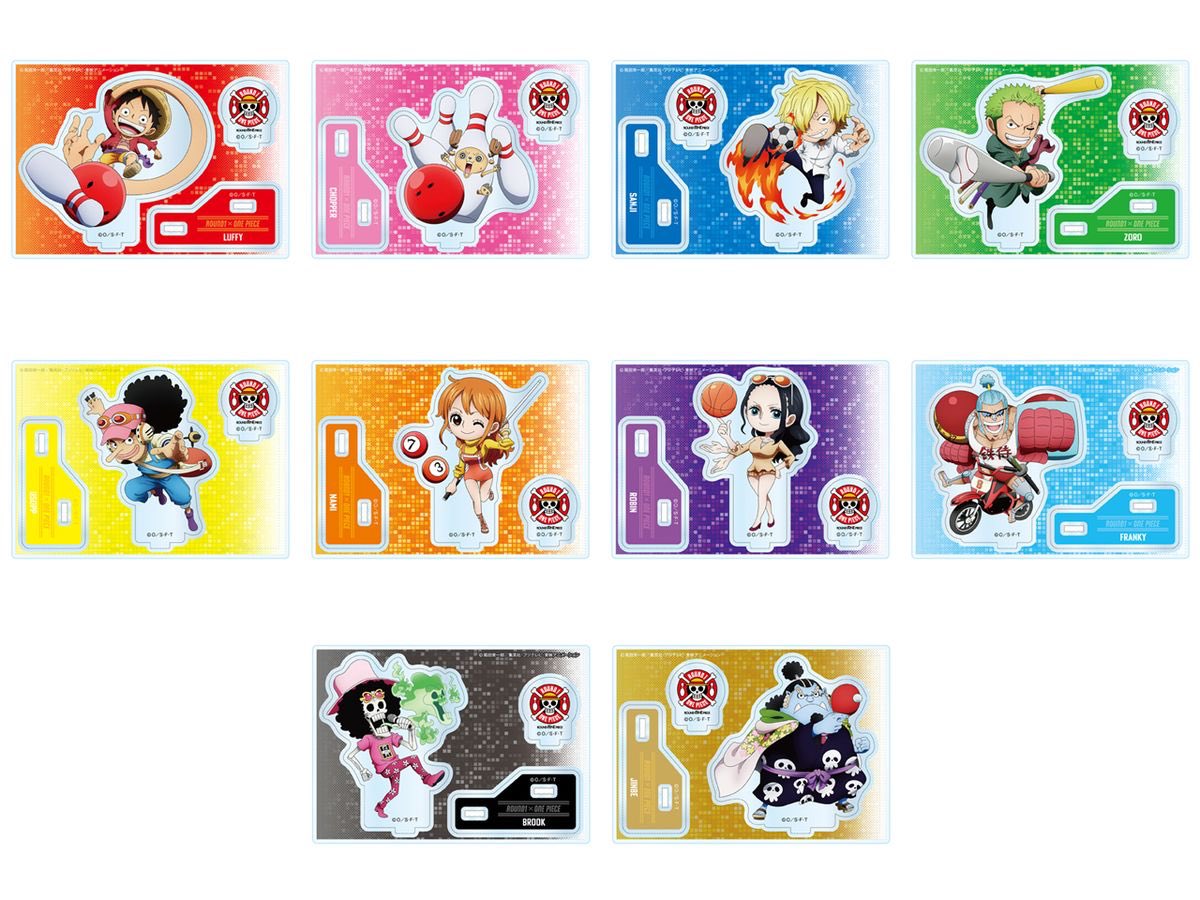 OPMerchandise's tweet photo. Here’s a look at the exclusive retail merchandise for the One Piece x ROUND 1 collaboration.

• T-Shirts (4 back designs)
• Alphabet Stickers (10 types)
• Mini Character Acrylic Blocks (10 types)
• Mini Acrylic Stands (10 types)

🇯🇵: July 18, 2026 - October 17, 2026

#OnePiece
#OnePieceCardGame