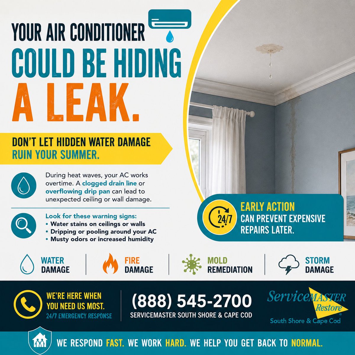 SMSoShore's tweet photo. 💧 Your Air Conditioner Could Be Hiding a Leak. During heat waves, your air conditioner works overtime. If you notice water stains or dripping around your AC system, don't wait. Contact ServiceMaster South Shore &amp; Cape Cod immediately to mitigate the damage, (888) 545-7200. https://t.co/W29bc8jw9V