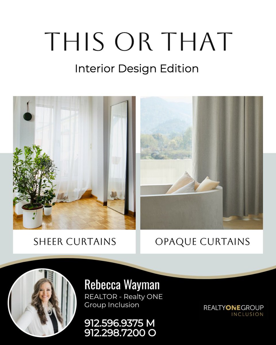 rebecca_wayman's tweet photo. How do you prefer your home curtains: sheer or opaque? Sheer curtains offer a light, airy feel, while opaque curtains enhance privacy and light control.
Which one do you prefer, or does it vary by room?
#RebeccaWaymanRealtor #RealtyONEGroupInclusion #WhoYouWorkWithMatters https://t.co/ZvUK1dcfdh
