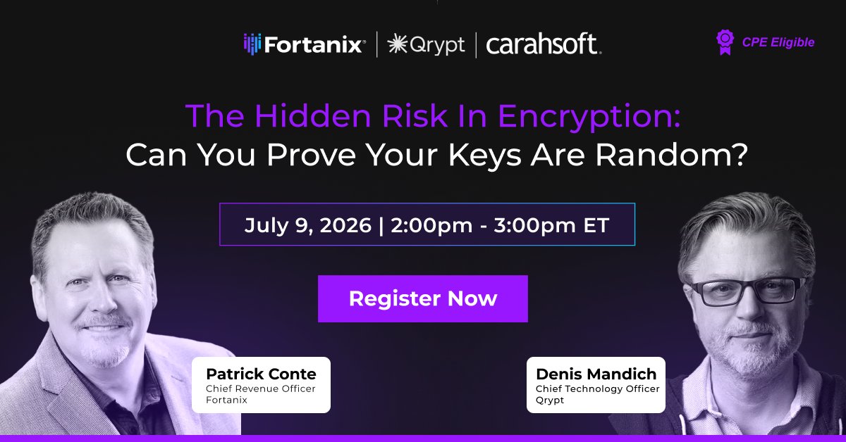 fortanix's tweet photo. #PQC still depends on strong randomness. Is yours provable?

@qrypt @fortanix &amp; @carahsoft are breaking down the hidden risk in encryption &amp; how to fix it.

📅 July 9, 2026 | 2:00pm - 3:00pm ET | 1 hour

🔗 https://t.co/OQvMycxS2D

#PostQuantum #Fortanix #Qrypt #Carahsoft https://t.co/q8H5dclsYv