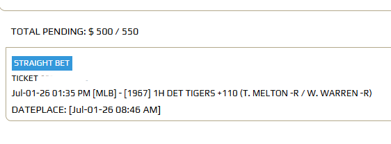 GrindingEddie's tweet photo. Wed Jul 1

MLB:

Padres +113 (Buehler/Rea)
Orioles -132 (Schultz/Kremer)
Tigers F5 +110 (Melton/Warren)
Reds F5 +0.5 -110 (Abbott/Drohan)
Mets/Blue Jays U-9 -124 (Peralta/Fisher) https://t.co/TZvsRtJJyj