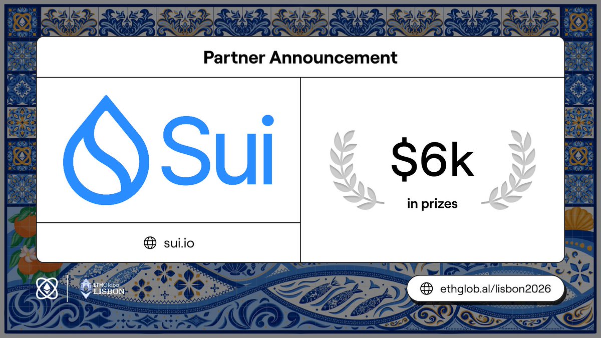 ETHGlobal's tweet photo. 🇵🇹 ETHGlobal Lisbon 2026 | @SuiNetwork

Sui is bringing $6k in prizes to Lisbon this July. The Sui Stack is a modular platform for decentralized coordination, composable primitives, and usable apps.

July 24–26 · Pavilhão Carlos Lopes
Apply to Hack: https://t.co/mz3z0UgAis https://t.co/naydihLJuE