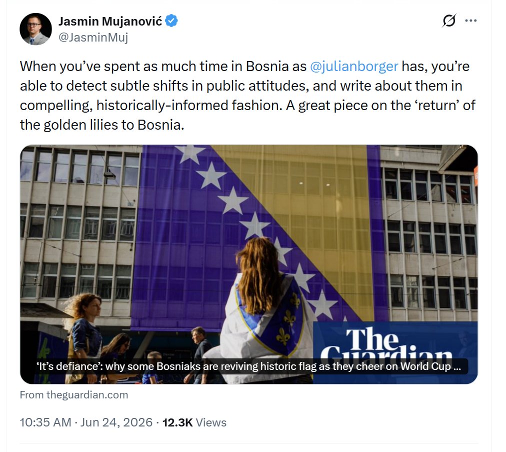 MiseticLaw's tweet photo. Mujanovic is playing both sides on the Bosnia and Herzegovina (BiH) team narrative. He reposts @julianborger 's framing the appearance of golden lilies at BiH games as Bosniak national defiance, but also shares @arminkahelic 's claim that the team is viewed in BiH as purely civic/non-nationalist. So what do the lilies actually represent, @jasminmuj?
