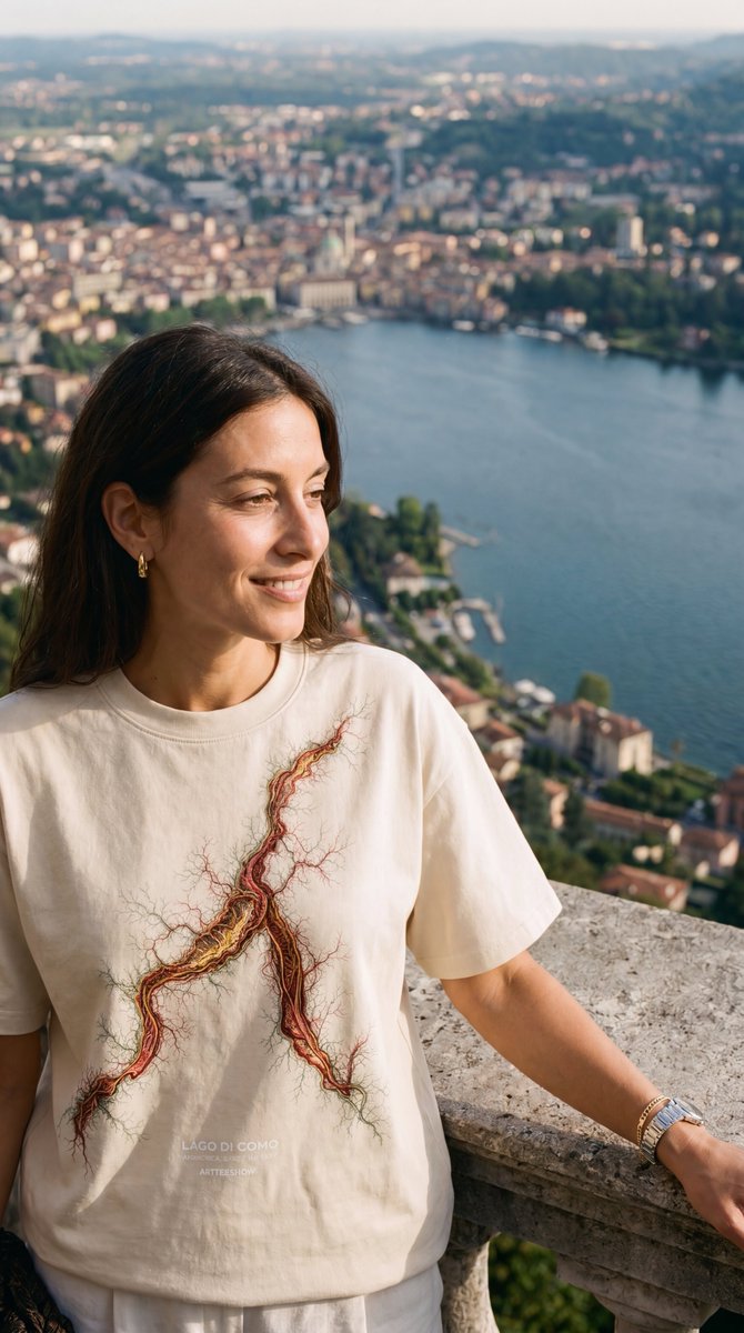 ArtTeeShow's tweet photo. The Lago di Como tee, worn above the lake it’s drawn from. 
Up at Brunate, the real water and the town spread out behind, the map on the cotton meeting the territory it came from.

An archival study you can wear.

ARTTEESHOW x COMO 1907.

#como1907 #comofootball #lagodicomo https://t.co/Vukcrg75n5