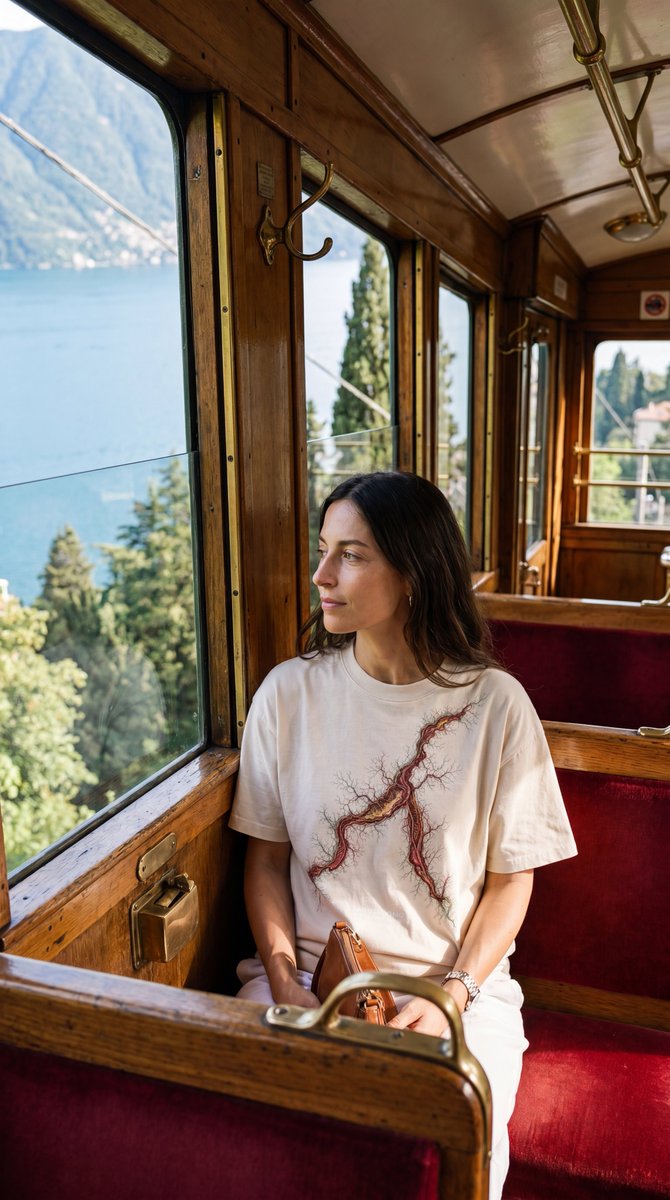 ArtTeeShow's tweet photo. The Lago di Como tee, worn above the lake it’s drawn from. 
Up at Brunate, the real water and the town spread out behind, the map on the cotton meeting the territory it came from.

An archival study you can wear.

ARTTEESHOW x COMO 1907.

#como1907 #comofootball #lagodicomo https://t.co/Vukcrg75n5