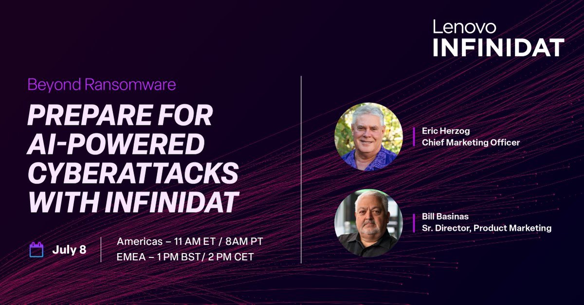 Infinidat's tweet photo. One week to go.
Join Infinidat’s Cyber Session, “Beyond Ransomware: Prepare for AI-Powered Cyberattacks,” on July 8.
Americas: 8 AM PT / 11 AM ET
Register: https://t.co/e8fiFRUykL
EMEA: 1 PM BST / 2 PM CEST
Register: https://t.co/xWhpNjP63P
#CyberResilience #AI #CyberStorage https://t.co/BLNS3fgVYn