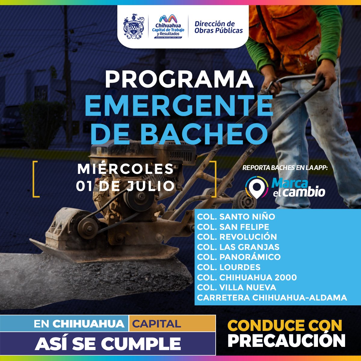 chihuahuampio's tweet photo. ¡Toma precauciones! 🚗⚠️
​Continúa el Programa de Bacheo en las col. Santo Niño, San Felipe, Revolución, Las Granjas, Panorámico, Lourdes, Chihuahua 2000, Villa Nueva y carretera Chihuahua-Aldama.
​Reporta al 📞 072 o en la aplicación 📲 Marca el Cambio.
​#TrabajoyResultados https://t.co/czsn2jqSh0