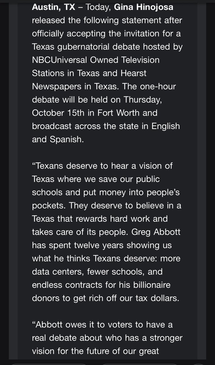 bradj_TX's tweet photo. Inbox: @GinaHinojosaTX has accepted an invite for a gubernatorial debate on 10/15, calls on @GregAbbott_TX to accept as well. #txlege https://t.co/5iz1Xbk6WP