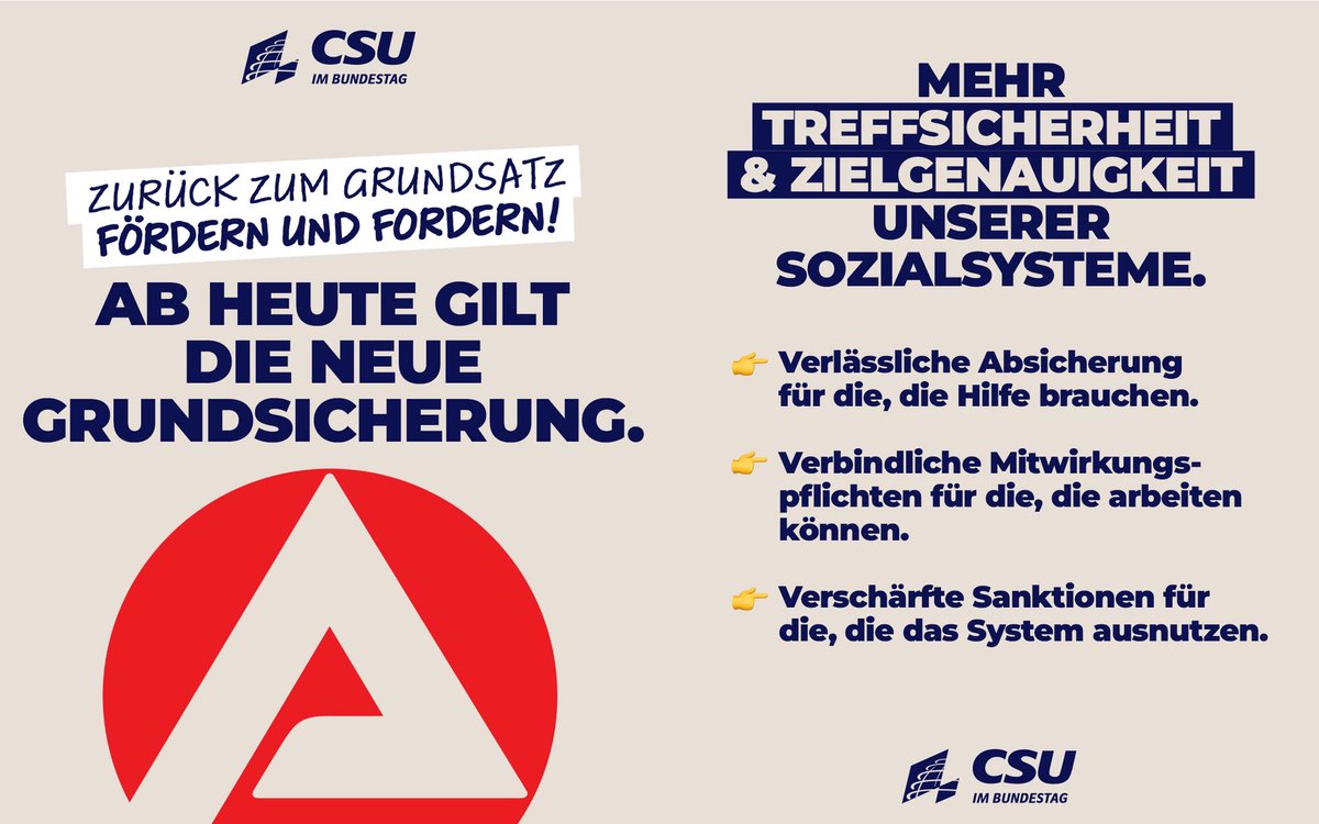 csu_bt's tweet photo. Zum 1. Juli hat die Neue Grundsicherung das Bürgergeld abgelöst! Damit setzen wir wieder auf das Prinzip des Förderns und Forderns: Wer nicht arbeiten kann, bekommt Hilfe. Wer arbeiten kann, aber nicht will, braucht keine Hilfe. Wer das System ausnutzt und nicht mitwirkt, dem werden Leistungen gestrichen. So sorgen wir für mehr Gerechtigkeit und einen wirksamen Sozialstaat.