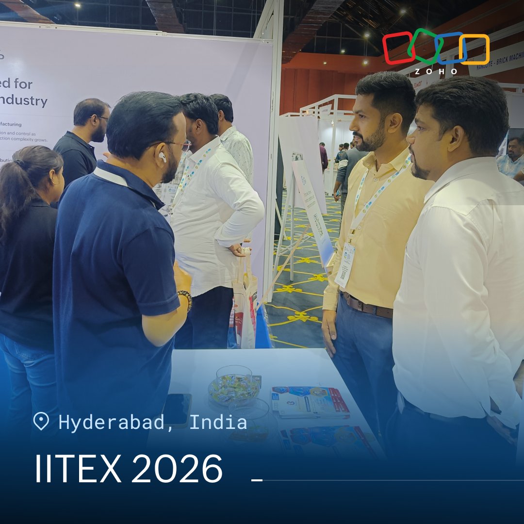 ZohoERP's tweet photo. Meeting people who we build and solve for is something we can't get enough of!

Sheetal Jha and our partner Manoj Kumar Bejawar, from Bejawar Innovative Technologies, hosted the Zoho ERP booth at IITEX 2026, by The Federation of Telangana Chambers of Commerce and Industry-FTCCI, across three days in Hyderabad.

With manufacturing being one of our main focus areas, it was great to interact with hundreds of businesses about their challenges. We were elated to see several existing customers who stopped by to share their experience. There was also a genuine sense of pride in the room around "Made in India," and it showed in how people responded when we spoke about building for Indian businesses.

It was a great few days of listening, learning, and meeting the manufacturing community face to face! Thank you to everyone who engaged with us at the booth; we're looking forward to translating these conversations into real on-the-ground implementations!