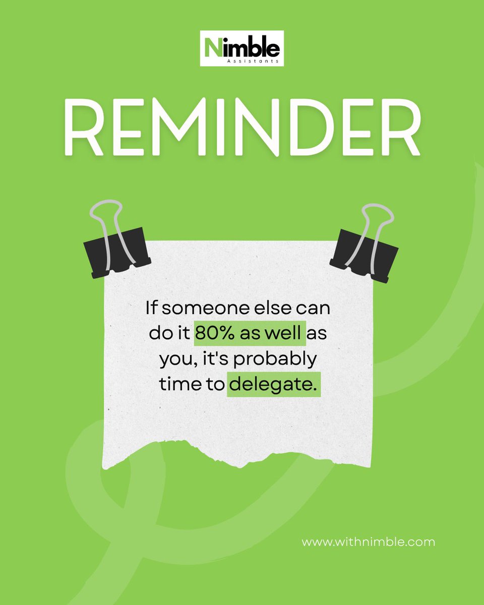 NimbleRemote's tweet photo. If someone else can do it 80% as well as you, it's probably time to delegate. 

Hire a Nimble Assistant Now!
Free Consultation: https://t.co/cWaR17g0kI

#VirtualAssistantCanada #EntrepreneurLife #BusinessEfficiency #DelegateToElevate #VAforEntrepreneurs #BoostYourBusiness https://t.co/3Y2SMUKkcW