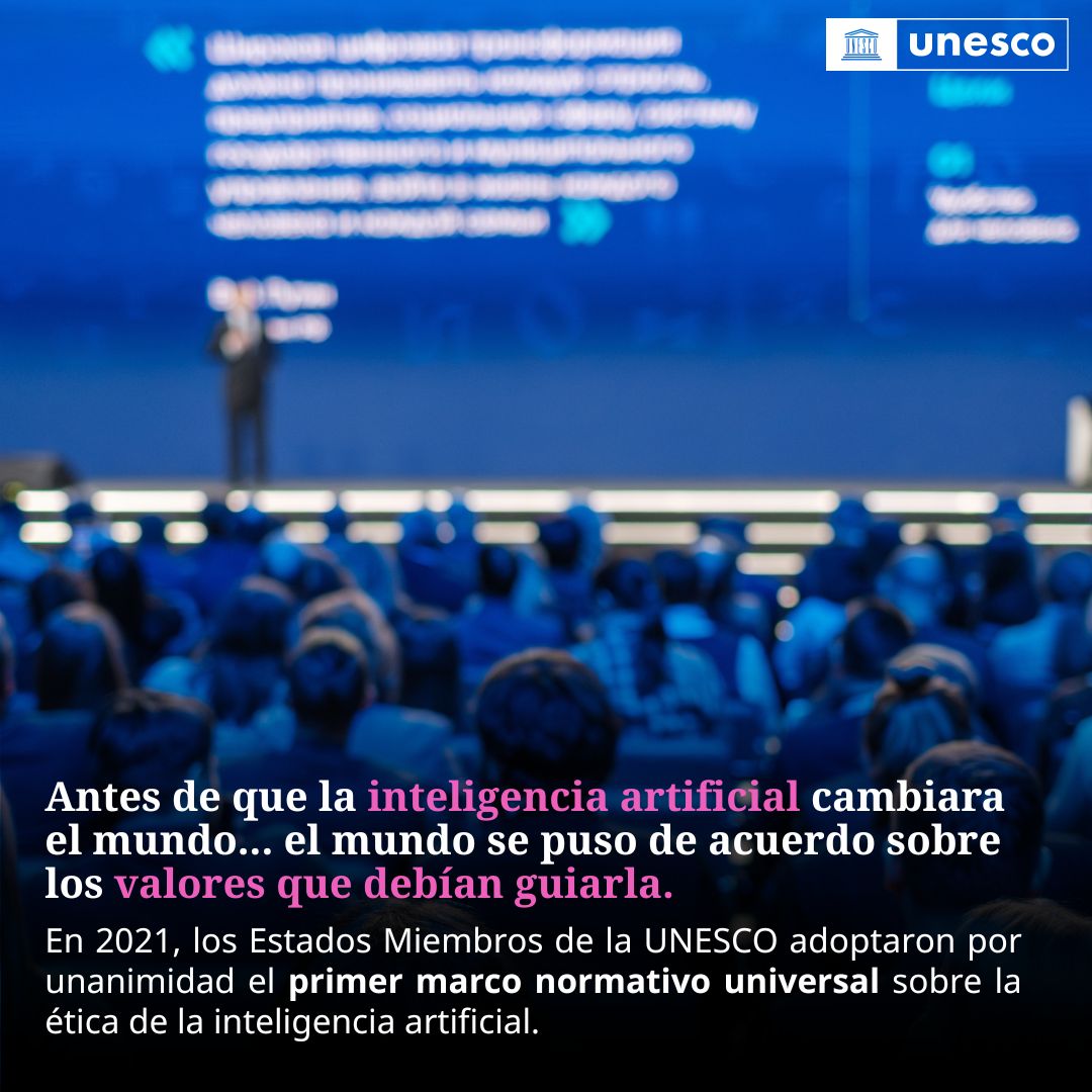 UNESCO_es's tweet photo. Los derechos humanos deben seguir ocupando un lugar central en la gobernanza de la IA.

Este principio constituye uno de los valores fundamentales de la Recomendación sobre la Ética de la Inteligencia Artificial, adoptada por unanimidad por los Estados Miembros de la UNESCO.

De cara al próximo #AIDialogue, descubre más sobre nuestro trabajo en materia de ética de la inteligencia artificial aquí: https://t.co/Xgp0ISiUNu