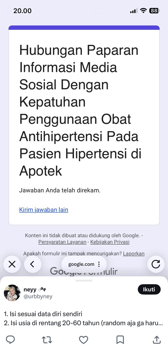 flowrrv's tweet photo. @urbbyney sudah yaa ka, tolong isi kuesionerku dengan tidak blok jawaban yaa 
🖇️: https://t.co/rq6Ydqud5j https://t.co/x6NNqPMVgj